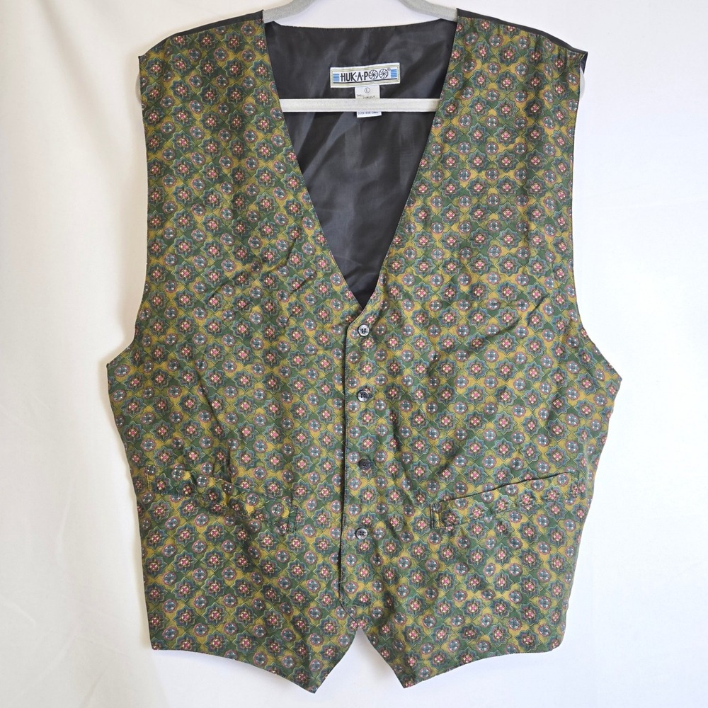 Huk-A-Poo Silk Vest Waistcoat Geometric Print Whimsical Novelty Vintage Large